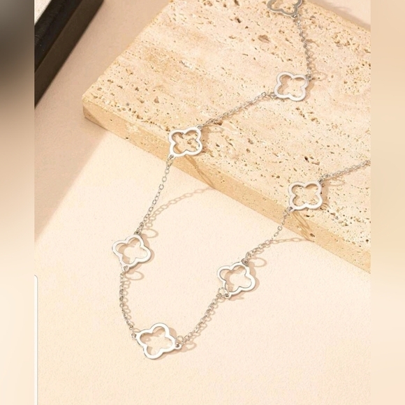 Four Leaf Clover Silver Long Necklace - Picture 3 of 4